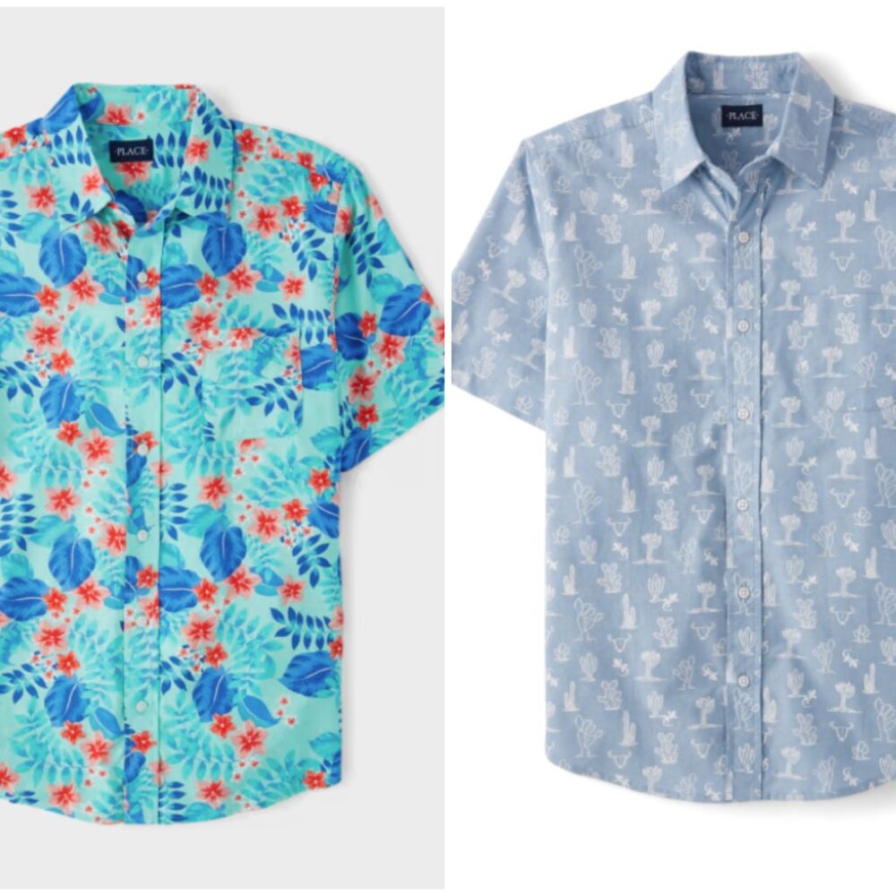 NEW TWO the childrens place Tropical Button Up Shirt  Family Adult men Cactus L